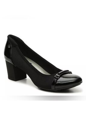 Anne Klein Sport Gazella Block Heel Round Toe Black Leather Pumps
